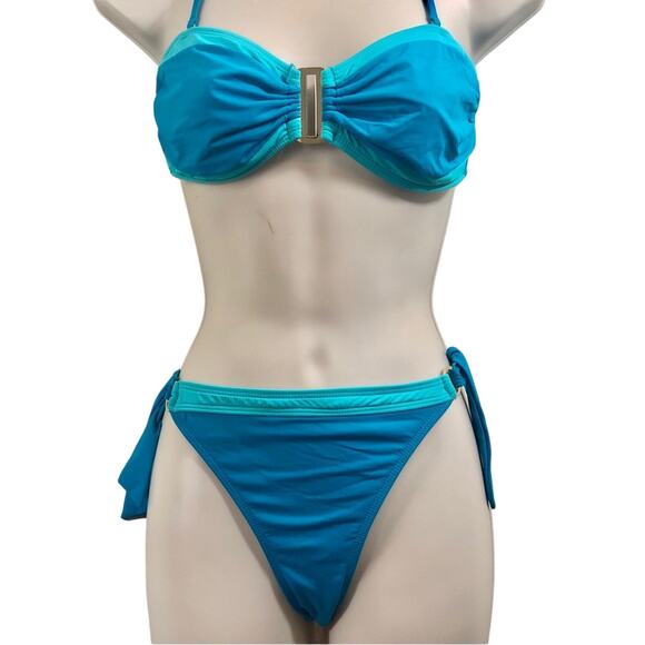 Leilani Bright Blue with Turquoise Trim Bikini Bathing Suit Gold Tone Trim - Picture 2 of 16